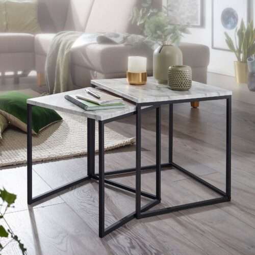 Design Beistelltisch 2er Set Marmor Optik Weiß Couchtisch 2 teilig Tischgestell Schwarz – Bild 2
