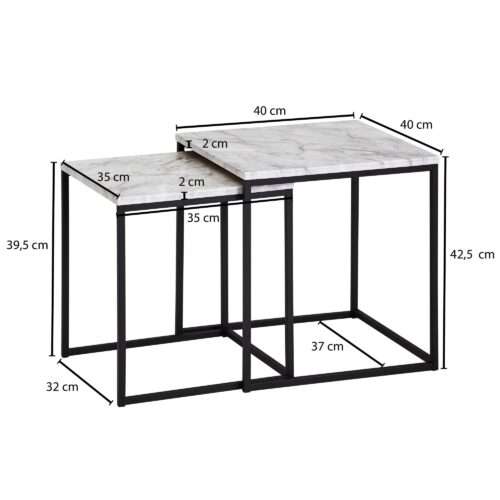 Design Beistelltisch 2er Set Marmor Optik Weiß Couchtisch 2 teilig Tischgestell Schwarz – Bild 4