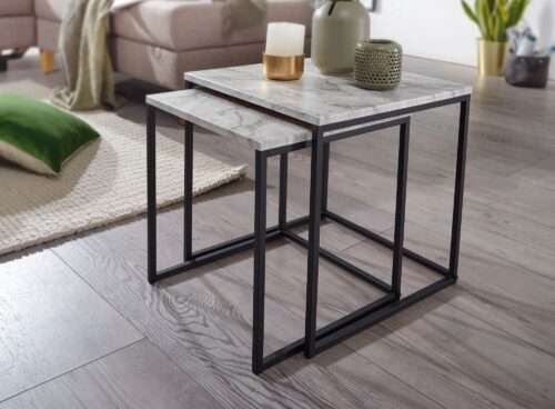 Design Beistelltisch 2er Set Marmor Optik Weiß Couchtisch 2 teilig Tischgestell Schwarz – Bild 5