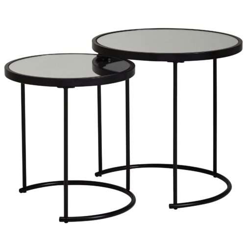 Design Beistelltisch Rund Ø 50/42 cm - 2 teilig Schwarz mit Spiegel Glas | Wohnzimmertisch 2er Set | Satztisch verspiegelt | Couchtisch