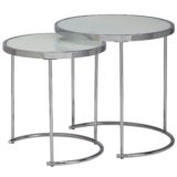 Design Beistelltisch Rund Ø 50/42 cm - 2 teilig Weiß Silber mit Glasplatte | Wohnzimmertisch 2er Set | Satztisch Milchglas | Couchtisch