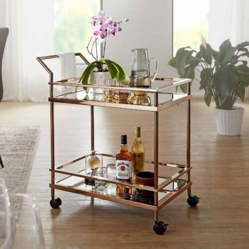Design Servierwagen Dunkles Gold 2 Ebenen mit Bremsen Beistelltisch auf Rollen – Bild 2