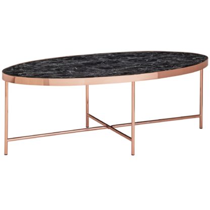 Design Couchtisch Marmor Optik Schwarz - Oval 110 x 56 cm mit Kupfer Metallgestell | Großer Wohnzimmertisch | Lounge Tisch