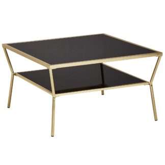 Design Couchtisch Glas Schwarz 70 x 70 cm 2 Ebenen Gold Metallgestell | Wohnzimmertisch | Beistelltisch | Glastisch quadratisch