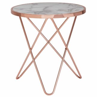 Design Beistelltisch Marmor Optik Weiß Rund Ø55 cm Kupfer Metall-Gestell | Kleiner Wohnzimmertisch | Couchtisch