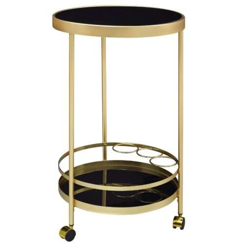 Design Servierwagen Gold Rund Ø 45cm 2 Ebenen | Beistelltisch auf Rollen mit Glasplatte Schwarz Speisewagen | Küchenwagen | Teewagen