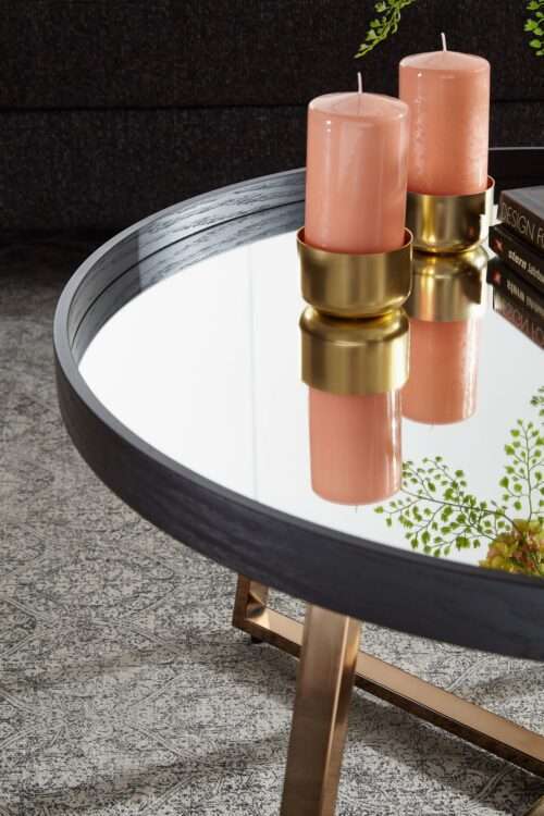 Design Couchtisch Rund Ø 78 cm Dunkel-Gold mit Spiegel Glasplatte Wohnzimmertisch Schwarz – Bild 6