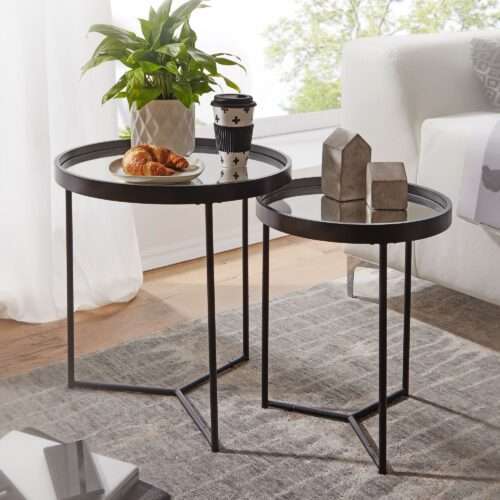 Design Beistelltisch Rund Ø 50/36 cm - 2 teilig Schwarz mit Spiegel Glasplatte – Bild 2
