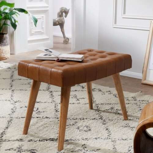 Sitzhocker 67x47x39 cm Mango Massivholz / Echtleder Chesterfield-Design Lederhocker Braun – Bild 2