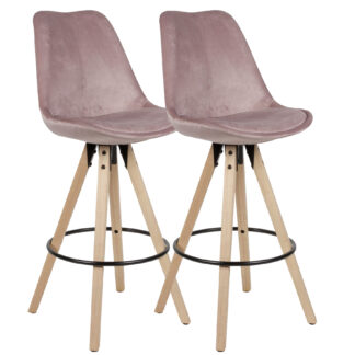 2er Set Barhocker Rosa Samt / Massivholz | Design Barstuhl Skandinavisch 2 Stück | Tresenhocker mit Lehne Sitzhöhe 77 cm