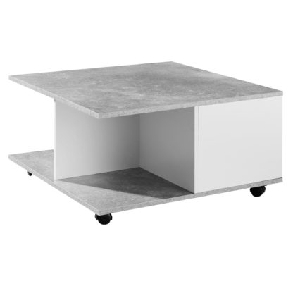 Design Couchtisch 70x70 cm Zementgrau / Weiß | Wohnzimmertisch mit 2 Schubladen | Sofatisch mit Rollen | Tisch mit 2 Fächern
