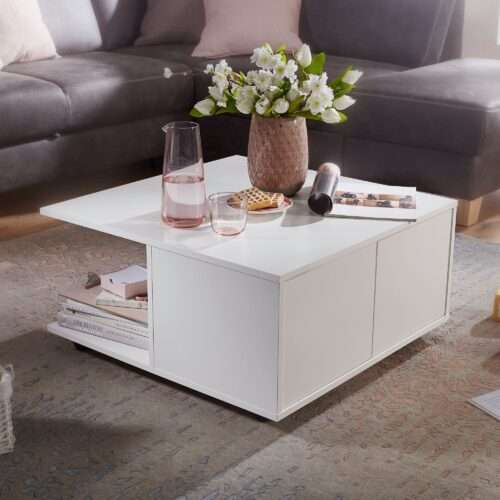 Design Couchtisch 70x70 cm Weiß Wohnzimmertisch mit 2 Schubladen Sofatisch – Bild 2
