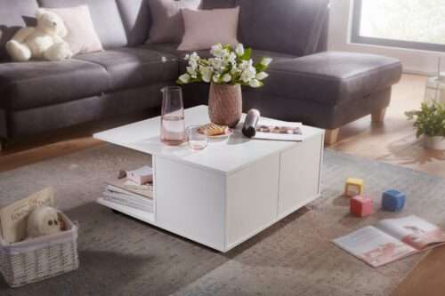 Design Couchtisch 70x70 cm Weiß Wohnzimmertisch mit 2 Schubladen Sofatisch – Bild 5