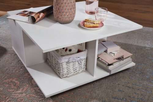 Design Couchtisch 70x70 cm Weiß Wohnzimmertisch mit 2 Schubladen Sofatisch – Bild 7