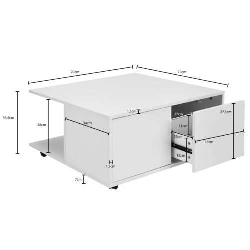 Design Couchtisch 70x70 cm Weiß Wohnzimmertisch mit 2 Schubladen Sofatisch – Bild 4
