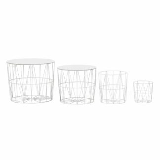 Design Beistelltisch 4er Set aus Körben Weiß | Moderne Korbtische mit abnehmbaren Tablett | Drahttisch Satztisch 4-teilig mit Stauraum