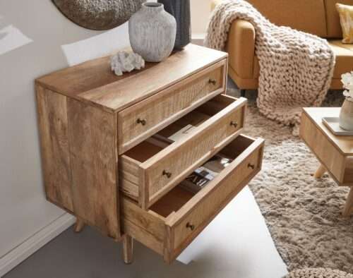 Sideboard 80x75x40 cm Mango Massivholz / Rattan Vintage Anrichte Kommode 3 Schubladen – Bild 6