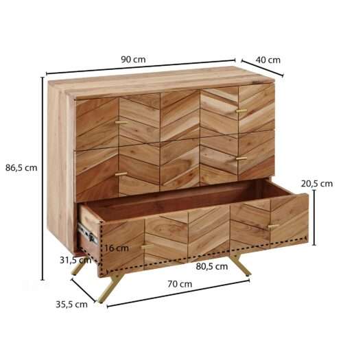 Sideboard 90x865x40 cm Akazie Massivholz / Metall Anrichte Kommode 3 Schubladen – Bild 4