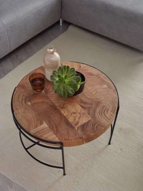 Couchtisch 62x40x62 cm Sofatisch Akazie Massivholz / Metall Wohnzimmertisch Rund – Bild 5