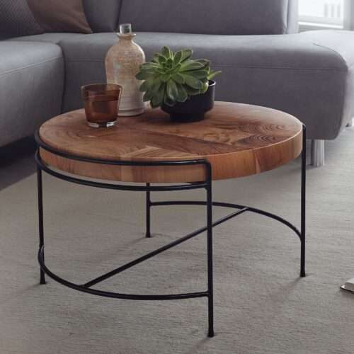 Couchtisch 62x40x62 cm Sofatisch Akazie Massivholz / Metall Wohnzimmertisch Rund – Bild 2