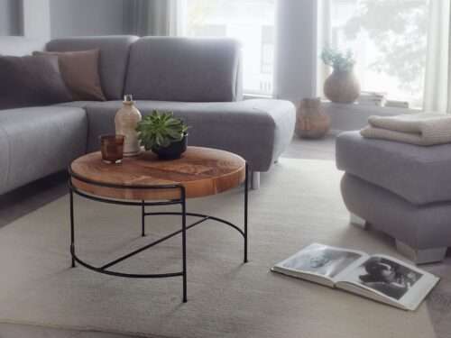 Couchtisch 62x40x62 cm Sofatisch Akazie Massivholz / Metall Wohnzimmertisch Rund – Bild 3