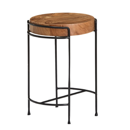 Beistelltisch Akazie Massivholz 35x51x35 cm Wohnzimmertisch Rund | Kleiner Designer Tisch Massiv | Design Holztisch mit Metallbeinen