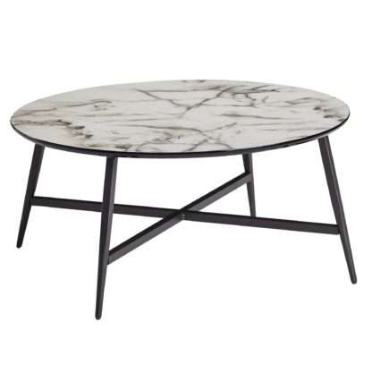 Couchtisch Rund 88x37x88 cm mit Marmor Optik Weiß | Wohnzimmertisch mit Metall-Beine Schwarz | Moderner Dekotisch