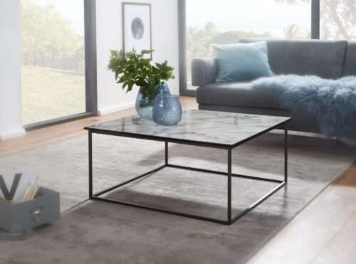 Couchtisch Quadratisch 80x38x80 cm mit Marmor Optik Weiß Wohnzimmertisch mit Metall-Gestell – Bild 3