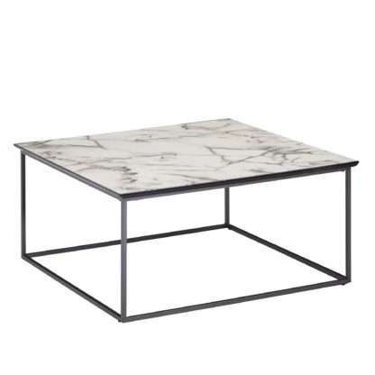 Couchtisch Quadratisch 80x38x80 cm mit Marmor Optik Weiß | Wohnzimmertisch mit Metall-Gestell Schwarz | Moderner Dekotisch