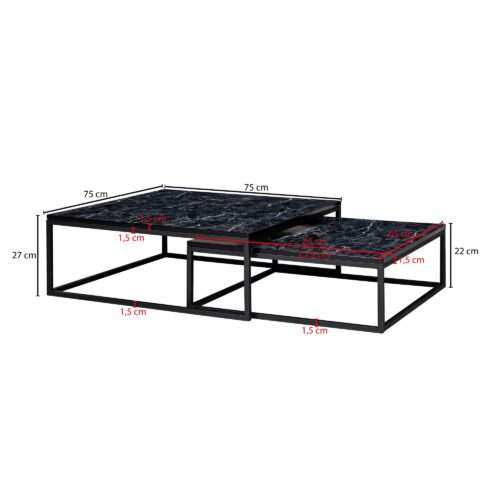 Design Couchtisch 2er Set Schwarz Marmor Optik Eckig Couchtische 2-teilig Tischgestell – Bild 4