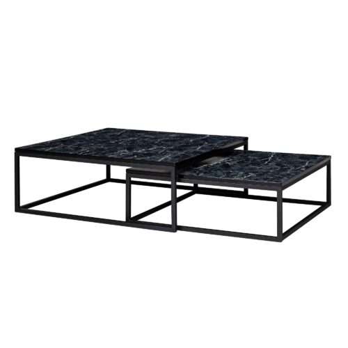 Design Couchtisch 2er Set Schwarz Marmor Optik Eckig | Couchtische 2-teilig Tischgestell Metall | Edle Wohnzimmertische | Moderne Satztische