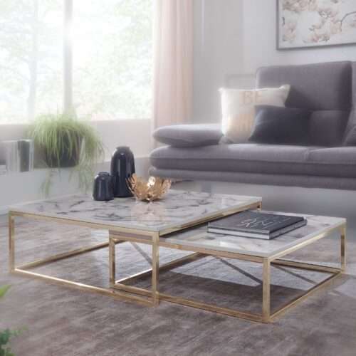 Design Couchtisch 2er Set Weiß Marmor Optik Eckig Couchtische 2-teilig Tischgestell – Bild 2