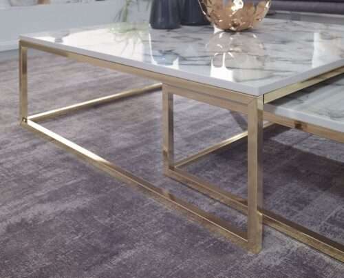 Design Couchtisch 2er Set Weiß Marmor Optik Eckig Couchtische 2-teilig Tischgestell – Bild 6
