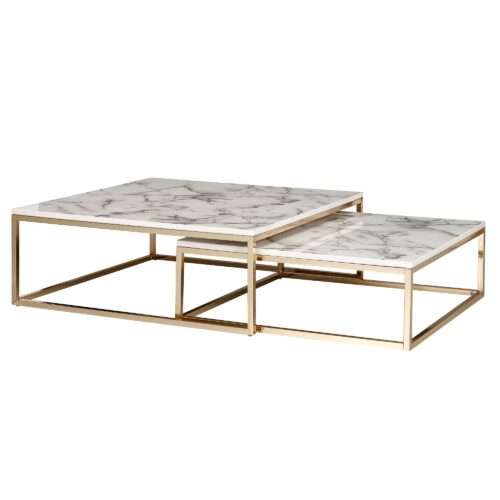 Design Couchtisch 2er Set Weiß Marmor Optik Eckig | Couchtische 2-teilig Tischgestell Metall Gold | Edle Wohnzimmertische | Moderne Satztische