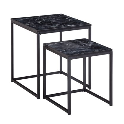 Design Beistelltisch 2er Set Schwarz Marmor Optik Eckig | Couchtisch 2-teilig Tischgestell Metall | Kleine Wohnzimmertische | Moderne Satztische Quadratisch