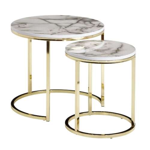 Design Beistelltisch 2er Set Weiß Marmor Optik Rund Couchtisch 2 teilig – Bild 7