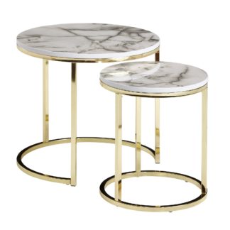 Design Beistelltisch 2er Set Weiß Marmor Optik Rund | Couchtisch 2 teilig Tischgestell Metall Gold | Kleine Wohnzimmertische | Moderne Satztische