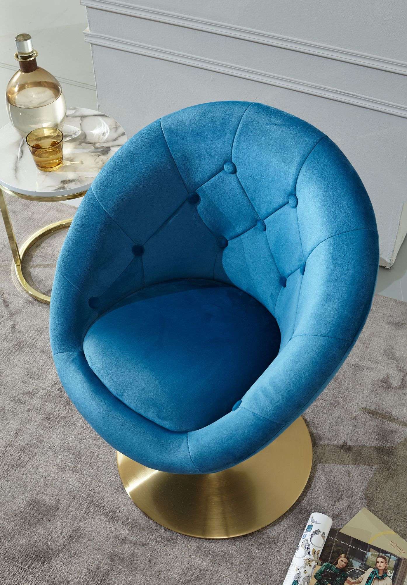 Loungesessel Samt Blau / Gold Design Drehstuhl online kaufen
