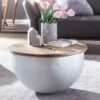 Couchtisch Mango 60x34x60 cm Massivholz Metall Tisch Weiß Industrial Rund | Design Wohnzimmertisch mit Stauraum | Loungetisch Sofatisch Modern