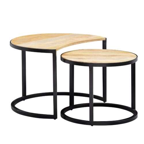 Couchtisch 2er Set Mango Massivholz / Metall Wohnzimmertisch Rund | Industrial Beistelltisch mit Metallbeine Schwarz | Tischset 2-teilig Satztisch Holz