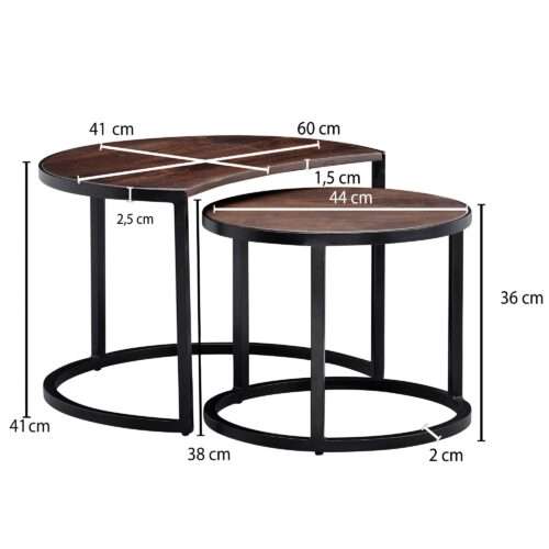 Couchtisch 2er Set Mango Massivholz / Metall Wohnzimmertisch Rund Industrial Beistelltisch – Bild 4