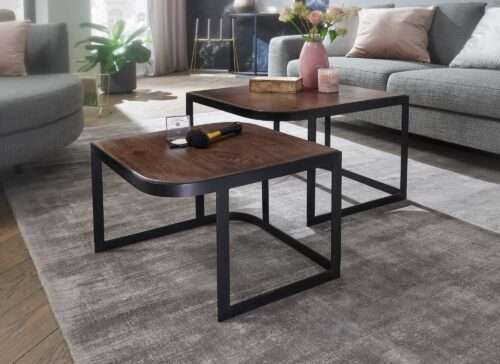 Couchtisch 2er Set Mango Massivholz / Metall Wohnzimmertisch Dunkel Industrial Satztisch – Bild 3