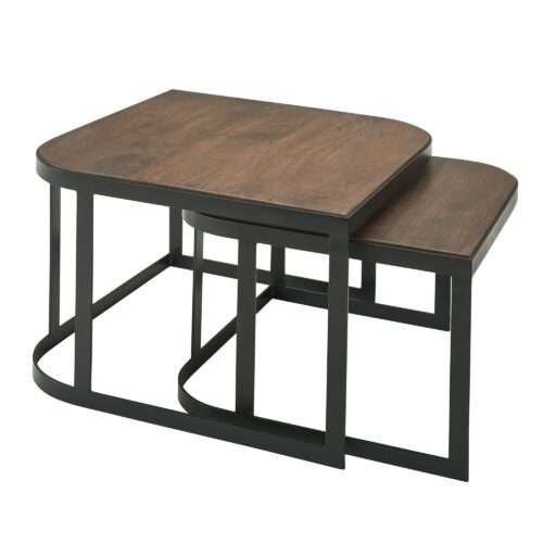 Couchtisch 2er Set Mango Massivholz / Metall Wohnzimmertisch Dunkel | Industrial Satztisch Beistelltisch Metallbeine Schwarz | Tischset 2-teilig Satztisch Holz