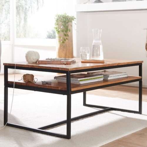 Couchtisch 100x60x45 cm Massivholz Metall Sofatisch Wohnzimmertisch Akazie Stubentisch Industrial – Bild 2