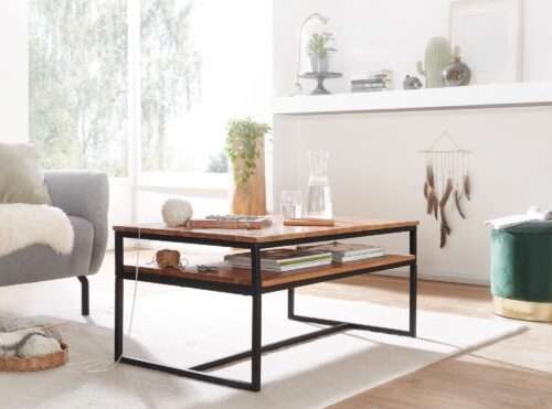 Couchtisch 100x60x45 cm Massivholz Metall Sofatisch Wohnzimmertisch Akazie Stubentisch Industrial – Bild 3