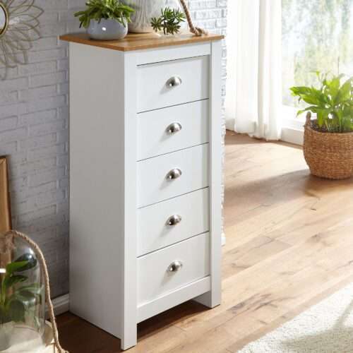 Sideboard mit 5 Schubladen 53x114x39 cm Kommode Weiß / Eiche Modern Design Anrichte – Bild 2