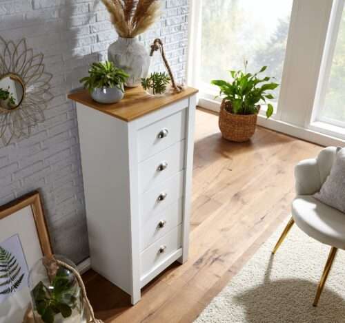 Sideboard mit 5 Schubladen 53x114x39 cm Kommode Weiß / Eiche Modern Design Anrichte – Bild 6