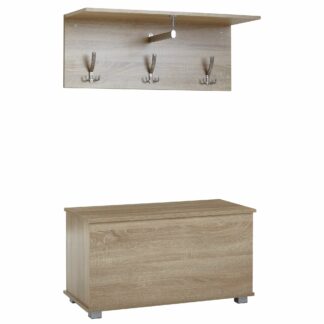 Garderobe mit Schuhtruhe Sonoma Eiche Design Garderobenleiste Modern | Wandgarderobe Set Flur | Garderobenpaneel mit Ablage | Flurgarderobe Holz