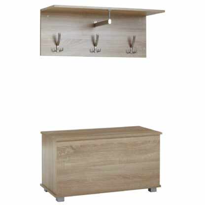 Garderobe mit Schuhtruhe Sonoma Eiche Design Garderobenleiste Modern | Wandgarderobe Set Flur | Garderobenpaneel mit Ablage | Flurgarderobe Holz