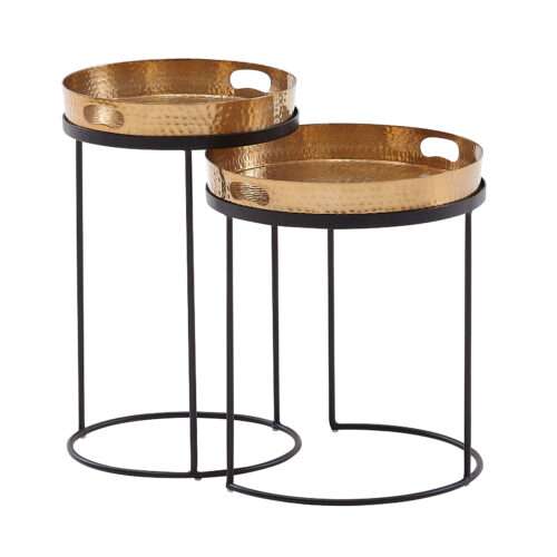 Beistelltisch 2er Set Gold / Schwarz Metall Hammerschlag Satztisch Rund | Couchtisch abnehmbares Tablett | Tabletttisch Sofa 2 teilig Modern | Runder Sofatisch